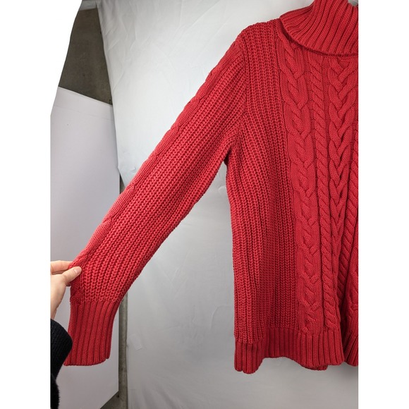 Heavy Cotton Red Cable Knit Chunky Turtleneck Sweater XL Cottagecore Fisherman - Picture 3 of 10